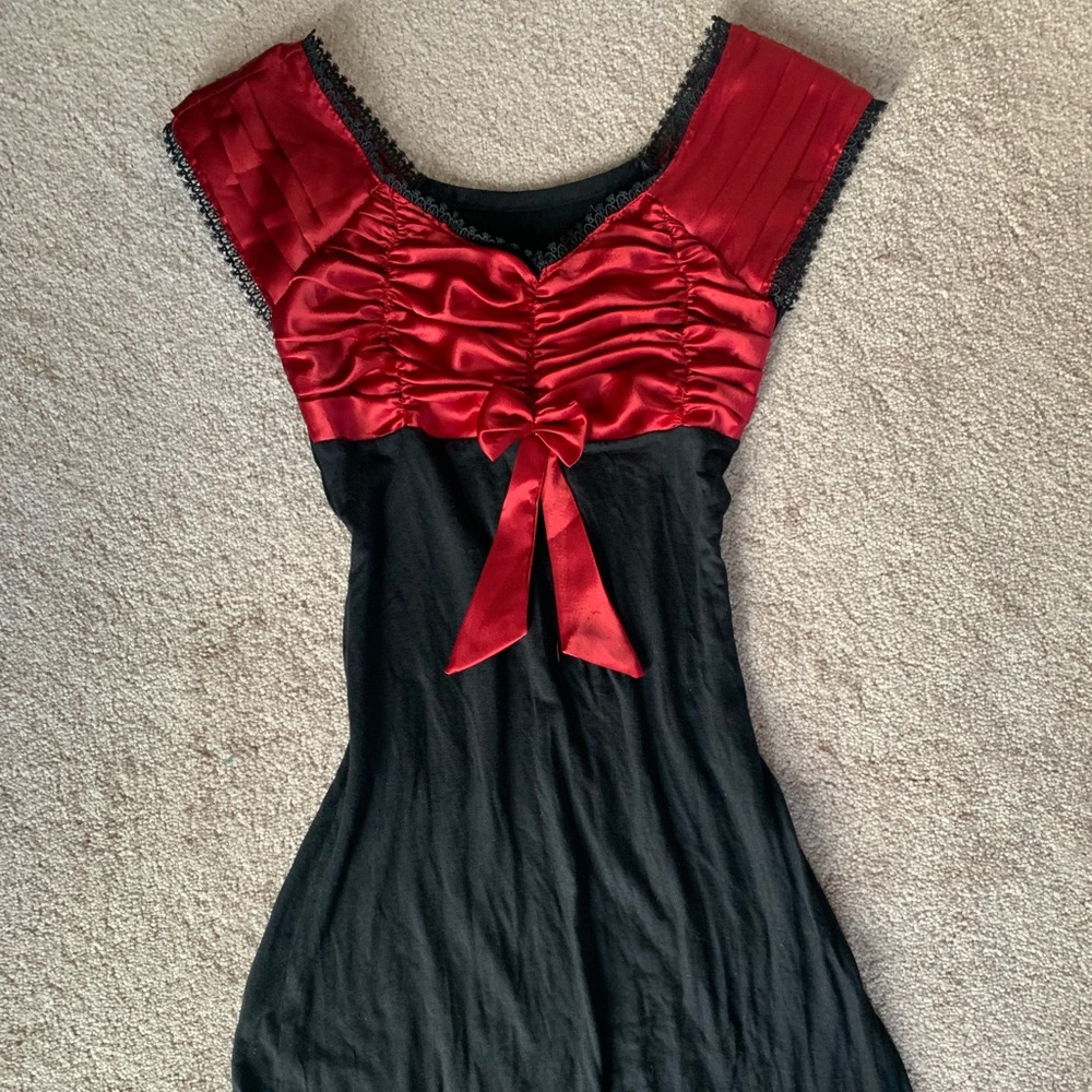 Cocktail Mini Dress - Ruby Red Satin - Lace Trim Sleeves